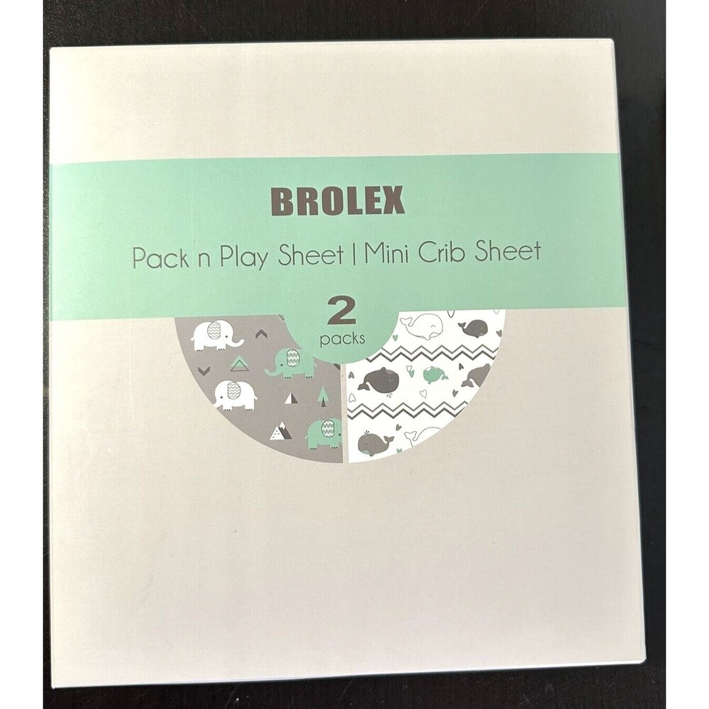 New 2 Set Brolex Pack n Play Stretchy Fitted Mini Crib Sheets Elephant & Whale